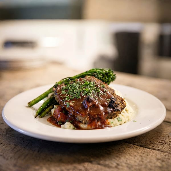 Meatloaf with gravy, mashed potatoes, and green beans on a white plate on a wooden table.