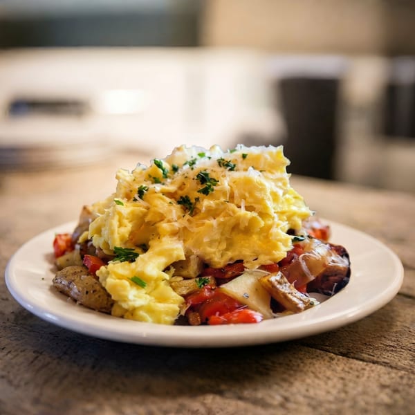 Scrambled eggs with shredded cheese and herbs on a bed of roasted vegetables.