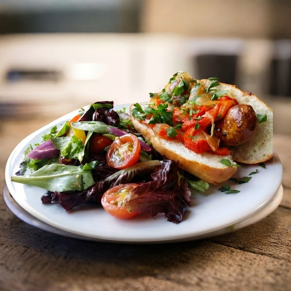 Sausage and pepper sandwich with a side salad on a white plate, on a wooden table.