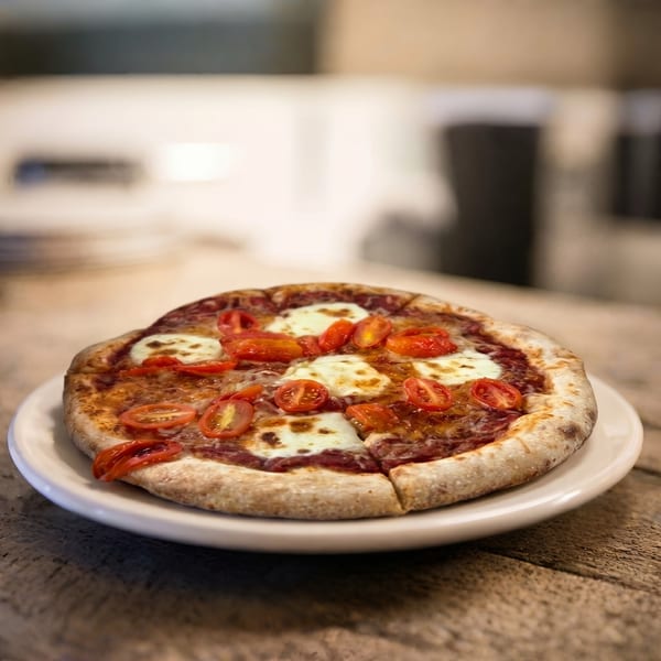 A freshly baked pizza with melted mozzarella, sliced cherry tomatoes, and a rich red sauce.