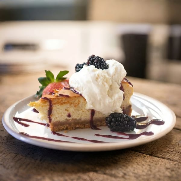 Cheesecake slice with whipped cream, blackberries, strawberry, and berry drizzle on a white plate.
