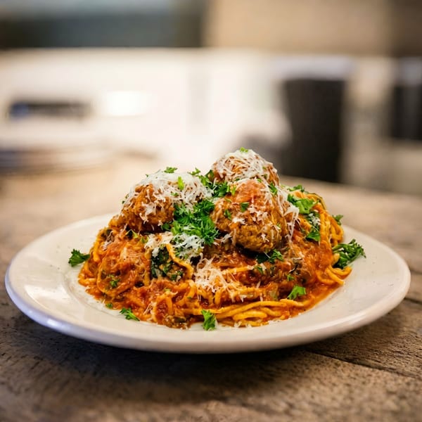 Spaghetti and meatballs with red sauce, parmesan cheese, and fresh parsley on a white plate.