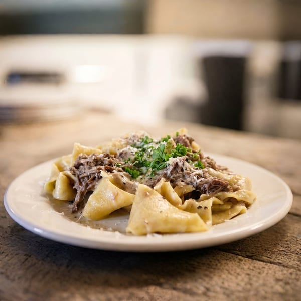 Pappardelle pasta with shredded beef ragu, parmesan cheese, and fresh parsley on a white plate.